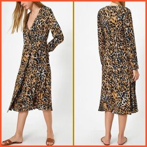 Mango Leopard Print Long Sleeve Midi Wrap Dress